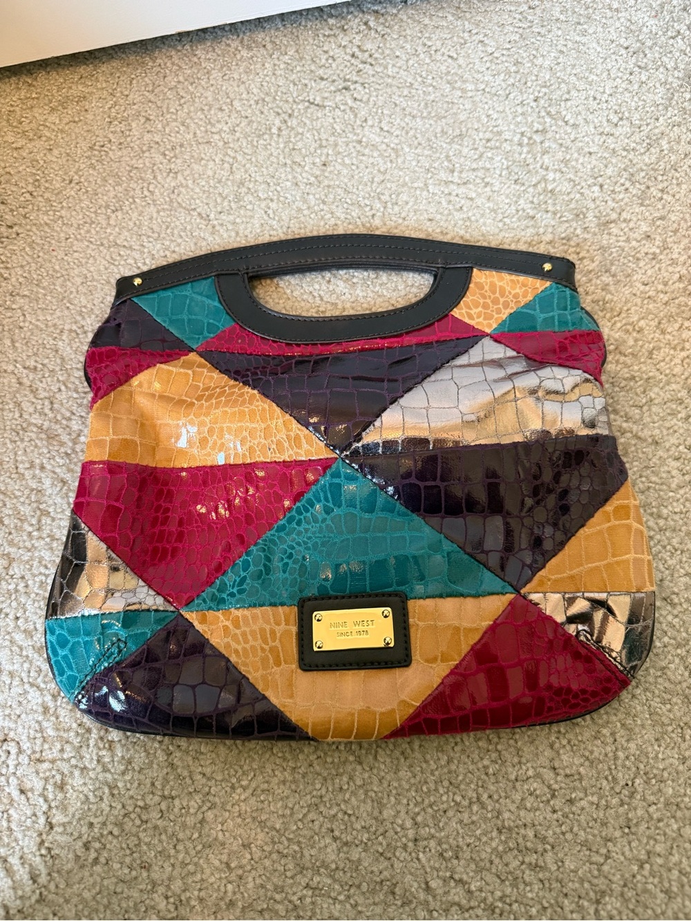 Nine West Teal, Mustard, Burgundy & Black Patchwork Croc-Embossed Handbag